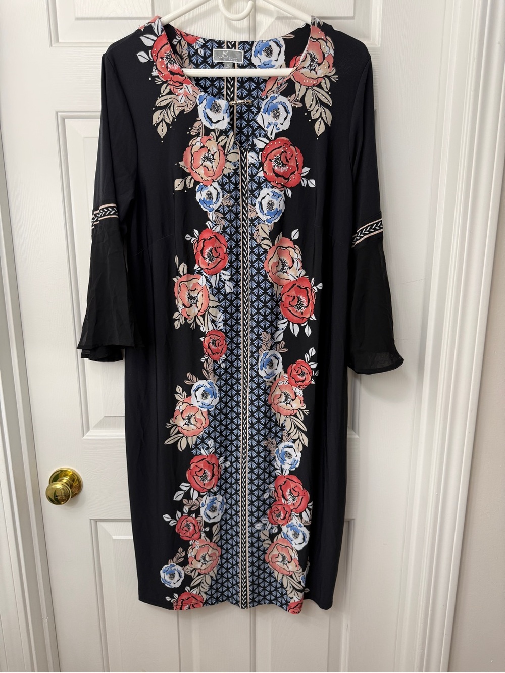JM Collection Black Midi Dress with Red & Blue Floral Trim